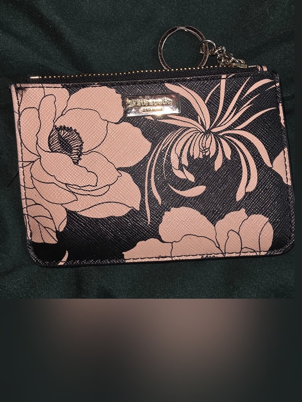 Floral Zip Keychain Wallet - Pink on Black